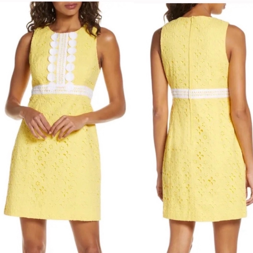 Lilly Pulitzer Yellow Lace Mini Dress with White Crochet Waist eyelet railee